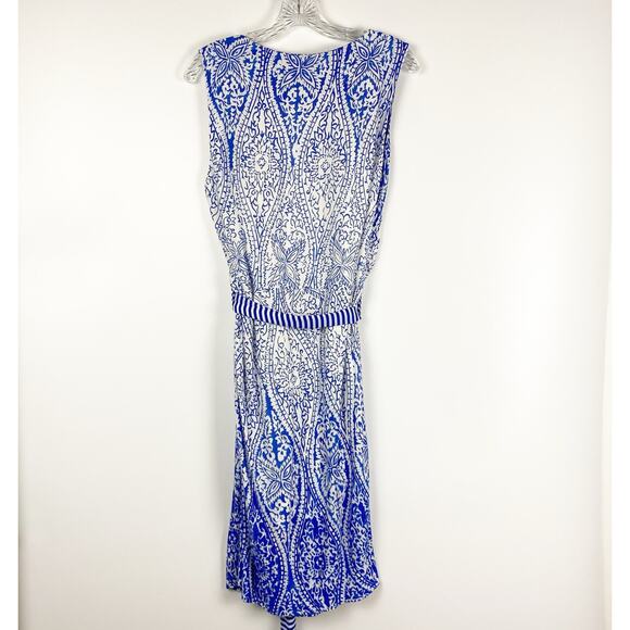 MNG by Mango Paisley Sheath Dress Blue White Knee Length With Sash Womens Size M - Picture 9 of 13